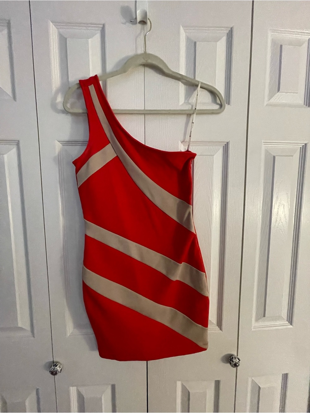 Red One-Shoulder Mini Dress with Cream Diagonal Stripes Forever 21